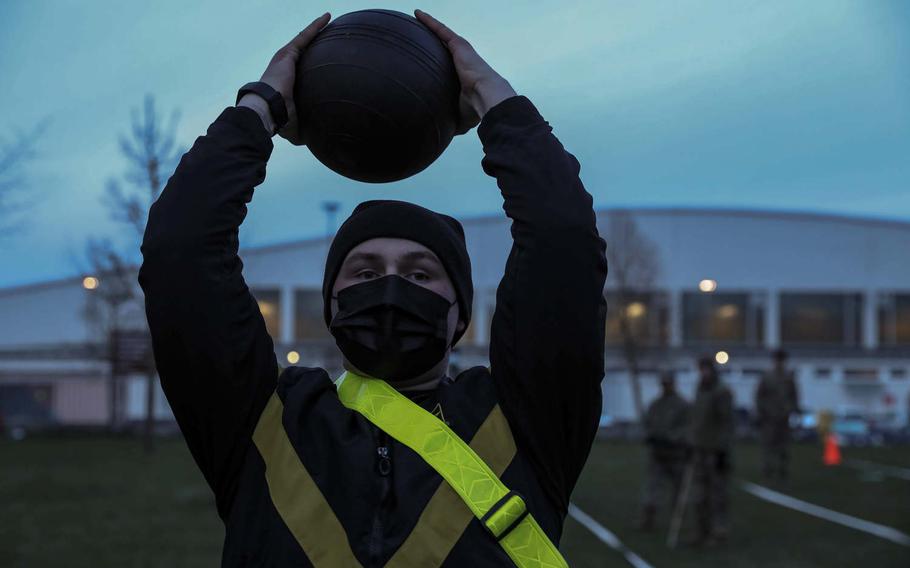 Spc. Taylor Brown, 11th Missile Defender Battery, 10th Army Air and Missile Defense Command, attempts the standing power throw during the Army Combat Fitness Test at Ansbach, Germany, April 13, 2021.

