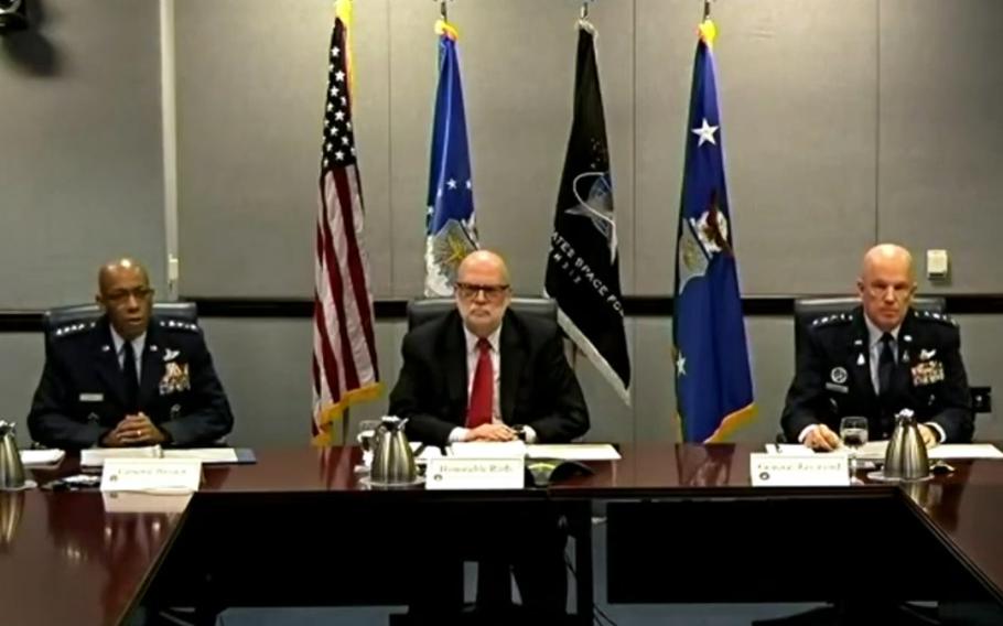 Air Force Chief of Staff Gen. Charles Q. Brown, left, delivers his opening statement at a House Appropriations Committee budget hearing, May 7, 2021. With him are Acting Air Force Secretary John P. Roth, center, and Space Force Chief of Operations Gen. John W. Raymond.