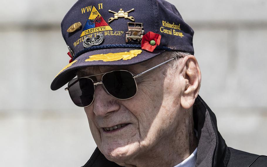 World War II veteran Harry Miller is interviewed after a ceremony at the National World War II Memorial in Washington, D.C. on May 8, 2021, the anniversary of the end of the war in Europe.