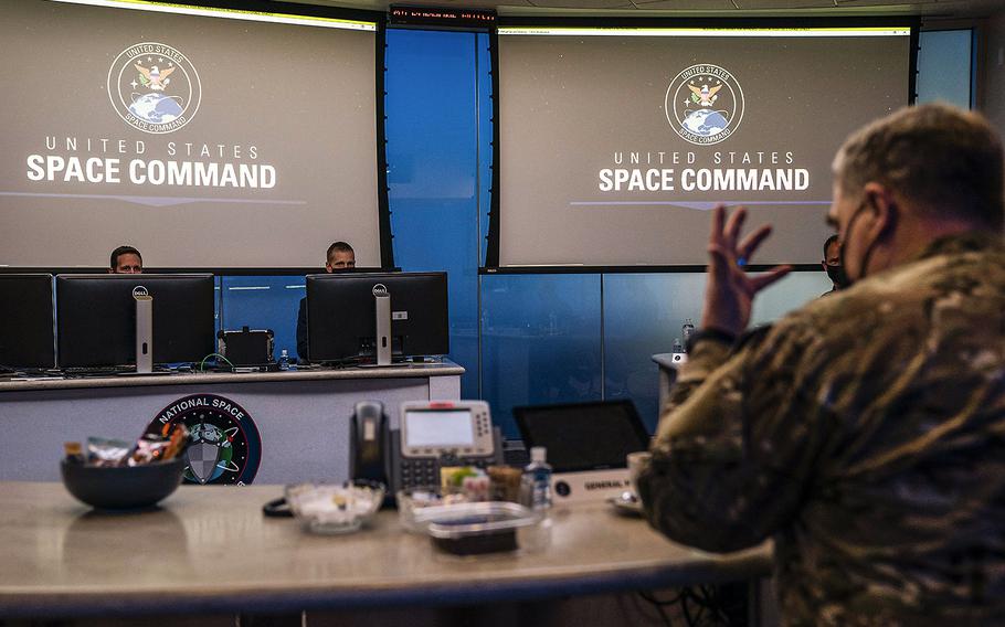 Gen. Mark A. Milley, chairman of the Joint Chiefs of Staff, foreground, visits U.S. Space Command at Schriever Air Force Base, Colorado Springs, Colo, March 1, 2021.