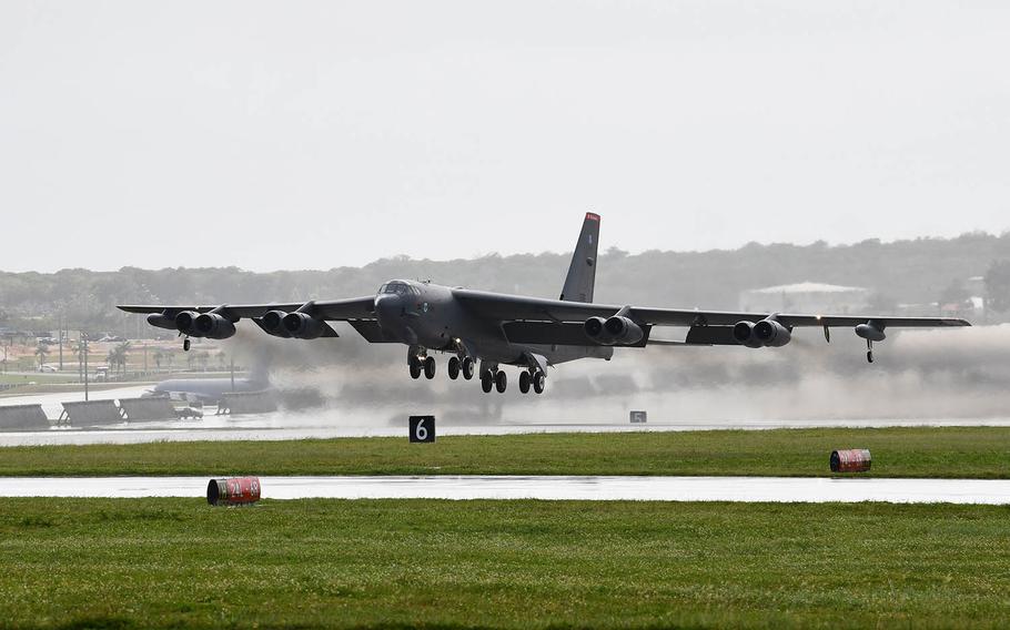 A B-52H Stratofortress bomber lifts off from Andersen Air Force Base, Guam, to support the Northern Edge exercise in Alaska, May 7, 2021.