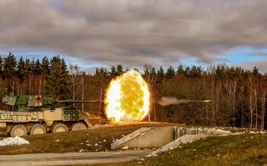 A U.S. Army Stryker Mobile Gun System variant belonging to the 4th Squadron, 2nd Cavalry Regiment, fires at targets during a weeklong gunnery exercise at the Grafenwoehr Training Area, Germany, Feb. 14, 2019. The Army will divest itself of the Stryker variant by October 2022 to free up money for more modern systems with better protection, officials said Wednesday.

