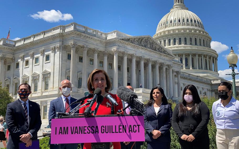 House Speaker Nancy Pelosi, D-Calif., backed by other members of Congress and Vanessa Guillen's sisters, at a Capitol Hill press conference on Thursday, May 13, 2021. “I’m proud to support the I Am Vanessa Guillen Act, to stand with victims, survivors and families that combat sexual assault in the military,” Pelosi said