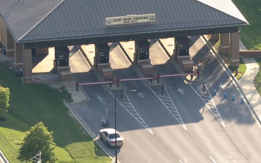 Aerial footage by 7News DC showed what appeared to be a remote-controlled bomb squad robot investigating a tan sedan parked about 50 feet away from the main gate of Joint Base Andrews, Md., at about 6:30 p.m. An Air Force explosive ordnance disposal truck was stationed nearby. 

