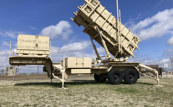A Patriot missile mobile launcher is displayed outside the Fort Sill Army Post near Lawton, Okla., on Tuesday, March 21, 2023. Soldiers from Ukraine have been training on the weapon system at Fort Sill since January and will soon deploy to Ukraine with a Patriot missile battery. 