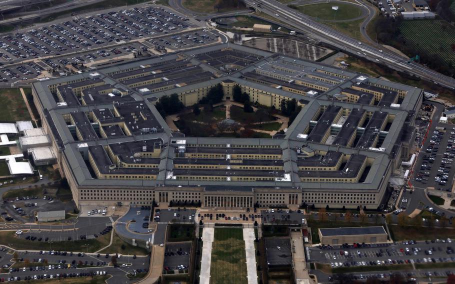 The Pentagon is seen from a flight taking off from Ronald Reagan Washington National Airport on Nov. 29, 2022, in Arlington, Virginia. 