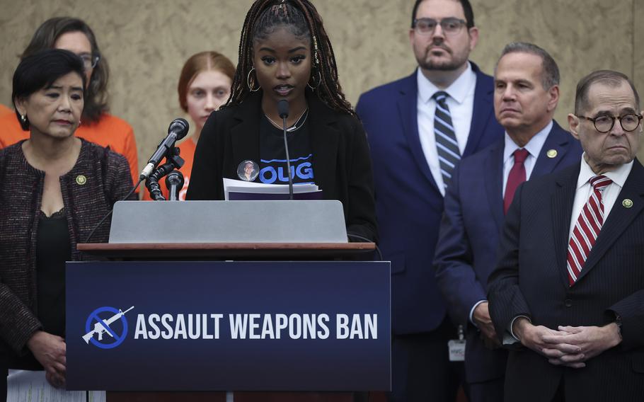Aalayah Eastmond, a survivor of the shooting at Stoneman Douglas High School, speaks during an event announcing the introduction of the Assault Weapons Ban Act at the U.S. Capitol Feb. 1, 2023 in Washington, DC. The legislation, proposed during the start of Gun Violence Survivors Week, would ban the sale, import, manufacture or transfer of certain semi-automatic weapons. (Win McNamee/Getty Images/TNS)