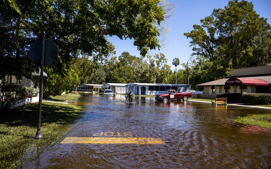 Hacienda Village, a 55-plus manufactured homes community in Winter Springs, Florida, saw major flooding from Hurricane Ian, with roadways still under water on Sunday, Oct. 2, 2022. 