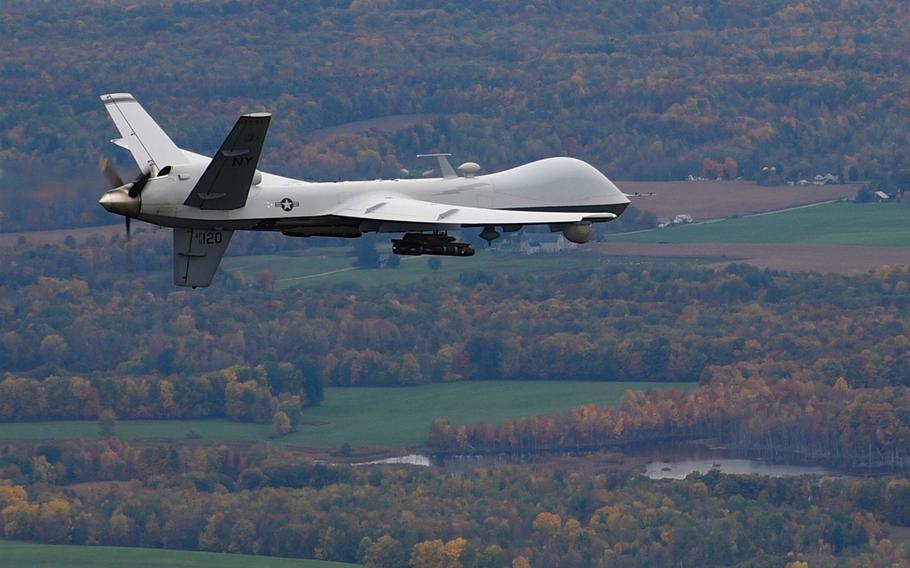 An MQ-9 Reaper drone operated by the New York Air National Guard’s 174th Attack Wing flies a training mission over central New York in 2016. Confusion over control levers led to the crash and loss of one of the unit's $6 million drones in June 2020, a recently released investigation report has found.
