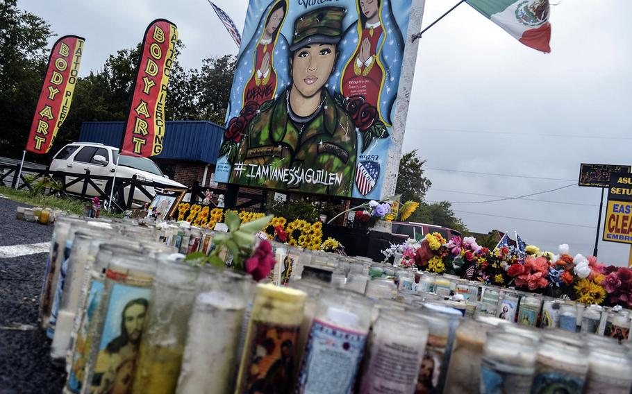 A memorial to honor Spc. Vanessa Guillen remains one year later in the parking lot of a tattoo shop in Killeen, Texas. Guillen, 20, was killed April 22, 2020, by a fellow soldier at Fort Hood. Her death has led to numerous investigations that have spurred reforms within the Army.