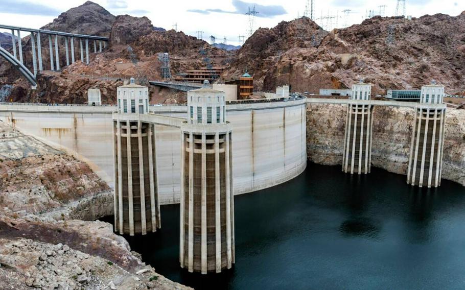 The intake towers at Hoover Dam, seen in December 2022, in Boulder City, Nevada. 