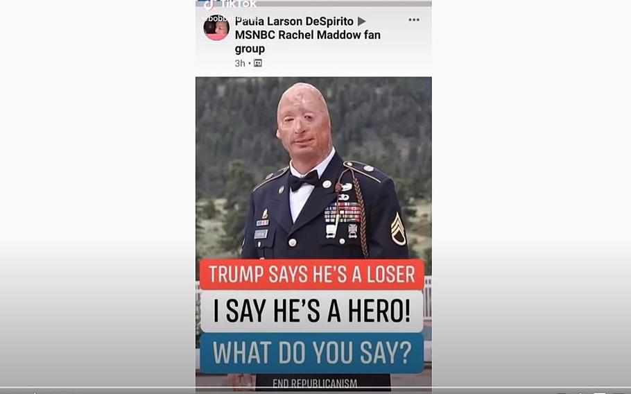 A video screen grab shows wounded Army veteran Bobby Henline who is demanding people stop using his image for political propaganda purposes. "That's my face," he says in a video posted on YouTube. "I'm here to tell you, it's not true," he says of the message attached to his image.