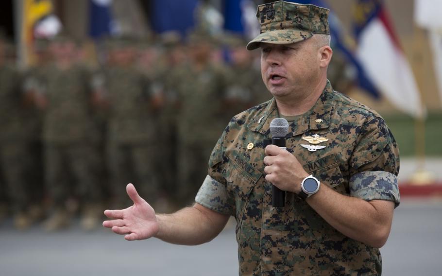 Navy Capt. Michael O. Enriquez speaks during a change of command ceremony at Marine Corps Base Camp Pendleton, Calif., June 29, 2018.