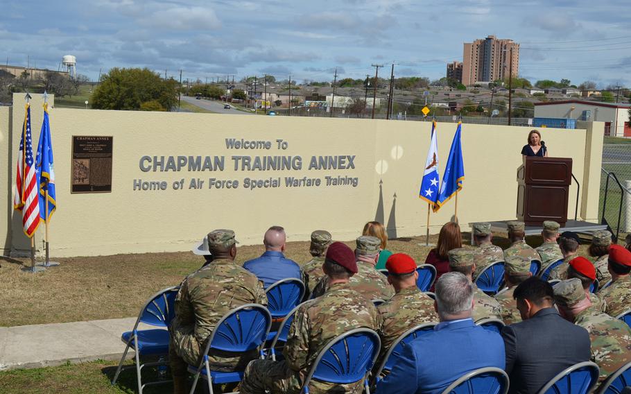 Valerie Nessel, the widow of Medal of Honor recipient Master Sgt. John A. Chapman, said Wednesday that she hoped renaming the Air Force's Special Warfare Training Annex at Lackland Air Force Base, Texas, in honor of her late husband will inspire and motivate the airmen who train at the facility. A formal dedication ceremony was held March 4, 2020, at the main entrance to the site where all special warfare airmen begin a process that can take more than two years to complete.