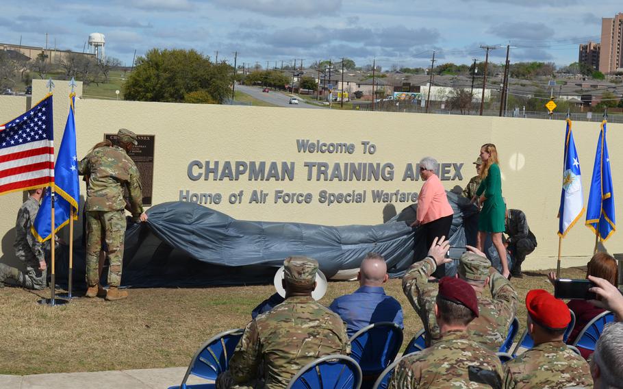 The family of Master Sgt. John. A. Chapman help Air Force officials unveil the renamed gate at the main entrance of the Special Warfare Training Annex in honor of Chapman during a ceremony March 4, 2020 at Lackland Air Force Base, Texas. Chapman, who died March 4, 2002 in combat in Afghanistan, was the fourth enlisted airman to receive the Medal of Honor.