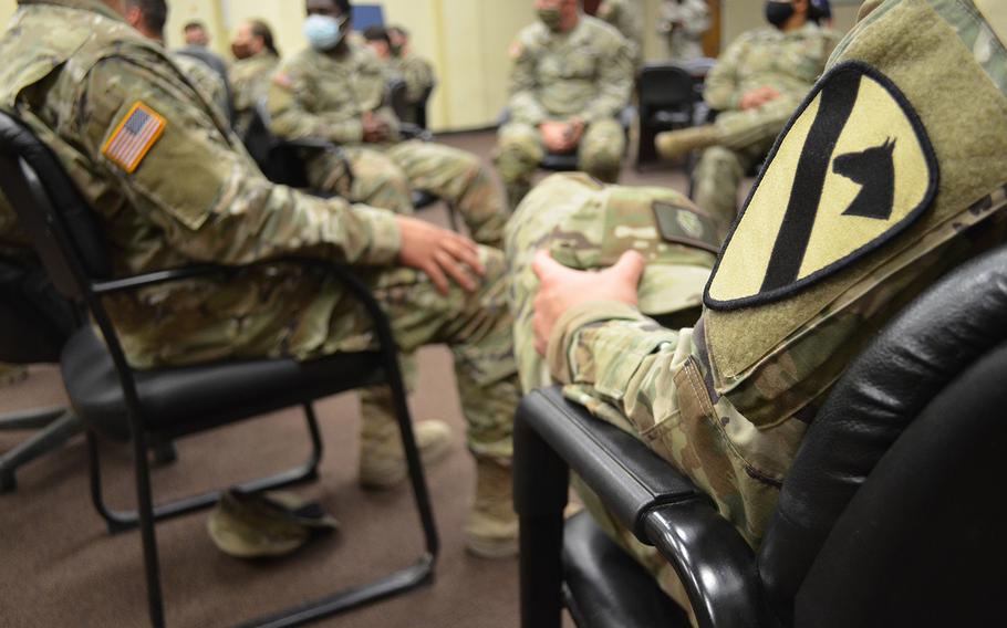 Fort Hood soldiers from the 1st Cavalry Division's 2nd Battalion, 12th Cavalry Regiment participate Oct. 20, 2020, in a class to discuss behavioral health and stress management during a week of training that aims to rebuild trust among soldiers and leaders by taking a holistic approach. 