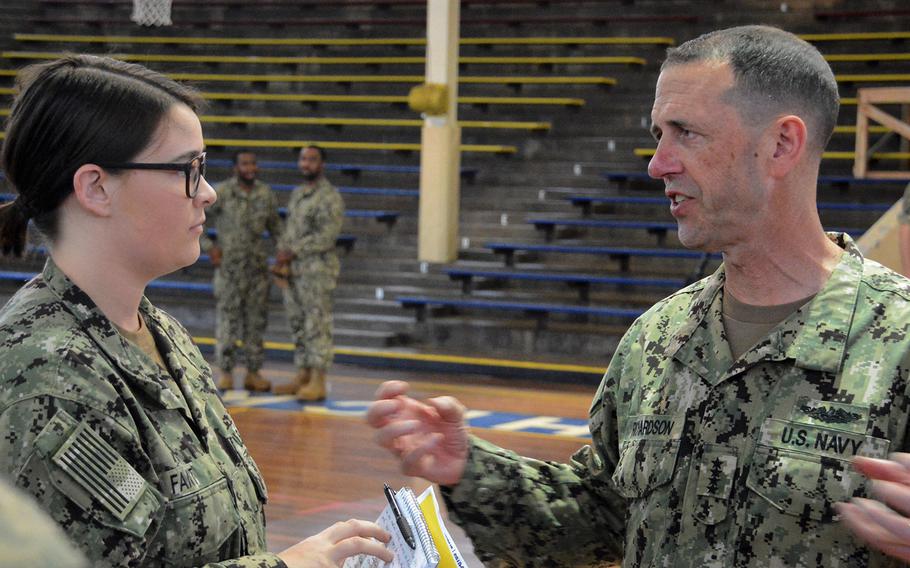 Adm. John Richardson, Navy chief of naval operations, talks with Kaitlyn Fant, a hospitalman, after an all-hands call May 28, 2019, at Joint Base Pearl Harbor-Hickam, Hawaii.