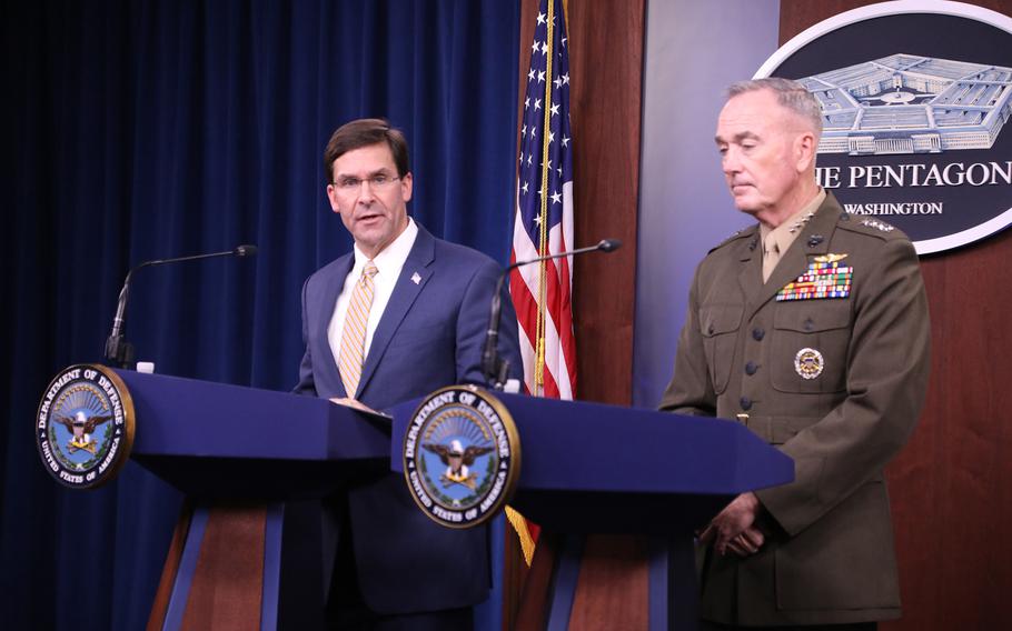 Defense Secretary Mark Esper and Marine Gen. Joseph Dunford, the chairman of the Joint Chiefs of Staff, announce the deployment of U.S. Forces in response to the attack on Saudi Arabian oil facilities last week. 