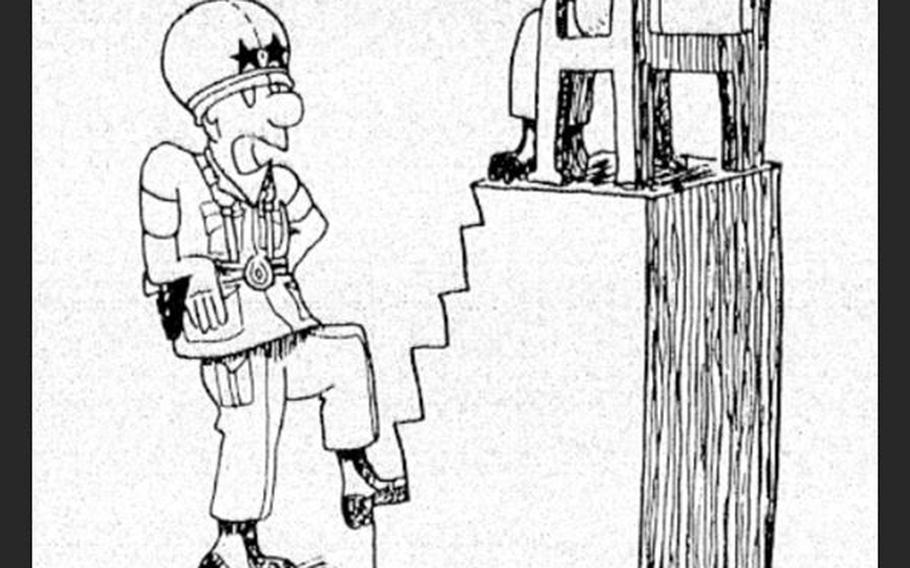 Cartoon reads, "If you don't mind coming down, Colonel ... I'll give you my ten-minute thing on 'Command Modesty!' ..."

Between 1966 and 1969, Vernon Grant drew strips like the above for Stars and Stripes, under the titles "Grant's Heroes," "A Grant Time in Japan" and "Grant's Grunts."