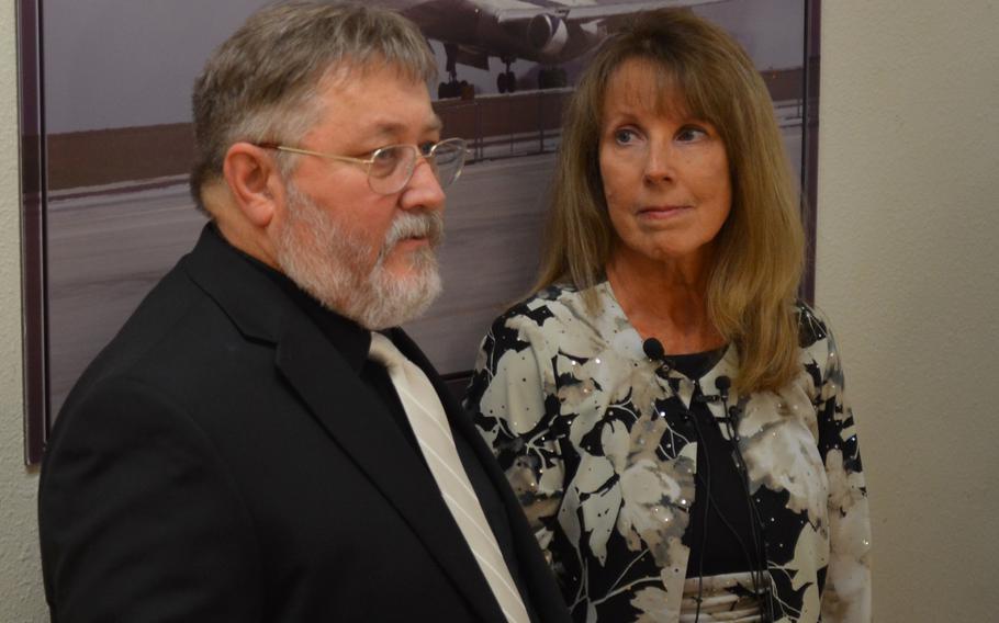 Richard Dewees and Susan Dewees-Taylor discuss the legacy of their mother, Elizabeth Laird, with the media following a ceremony in Laird's honor July 1, 2019 at Robert Gray Army Airfield at Fort Hood, Texas. Laird was commonly referred to as the "Hug Lady" because she spent 12 years hugging each soldier as they deployed from and returned to Fort Hood. She died from cancer in 2015. 