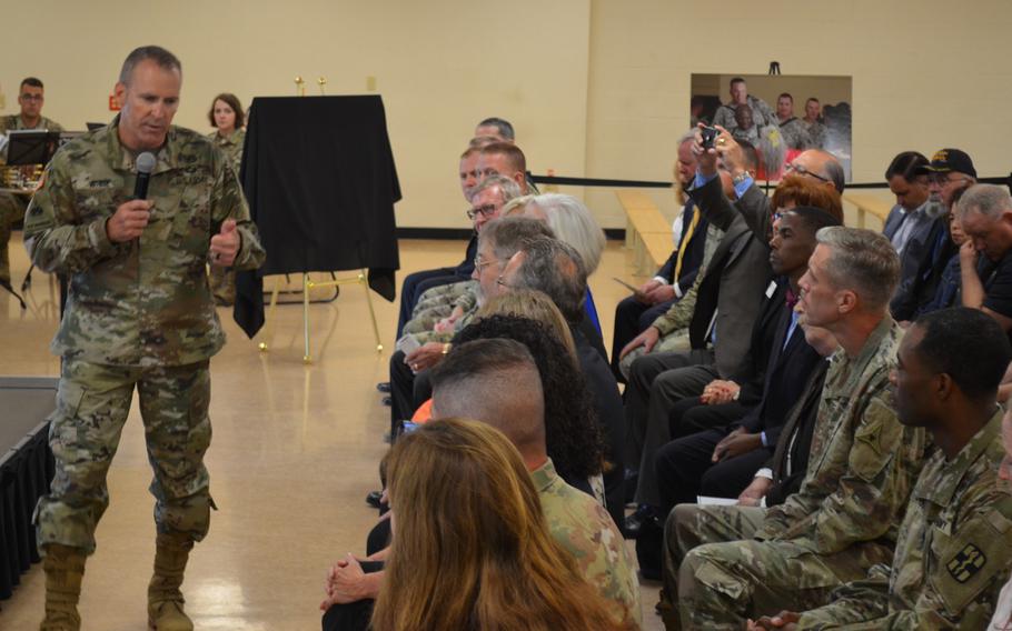 Lt. Gen. Robert P. White, commander of III Corps and Fort Hood, speaks about Elizabeth Laird, also known as the "Hug Lady," during a ceremony July 1, 2019 to dedicate a room in her honor at Robert Gray Army Airfield at Fort Hood, Texas. Laird volunteered her time to hug troops deploying from and returning to Fort Hood beginning in 2003. She never missed a flight until her death in 2015. 