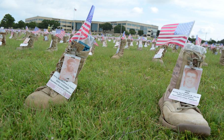 The boot memorial began at Fort Hood, Texas, in 2014 and is displayed annually at July 4. Each of the 7,000 boots represents a servicemember who has died since 9/11 and features their photo, information and an American flag.