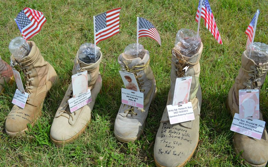 Visitors have written messages across many of the boots on display. "Paratroopers are always with us. Sometimes they slip away. Be not sad!" was written across the boot representing Army Sgt. Clinton K. Ruiz, who died Oct. 25, 2012, while deployed in support of Operation Enduring Freedom in Afghanistan.