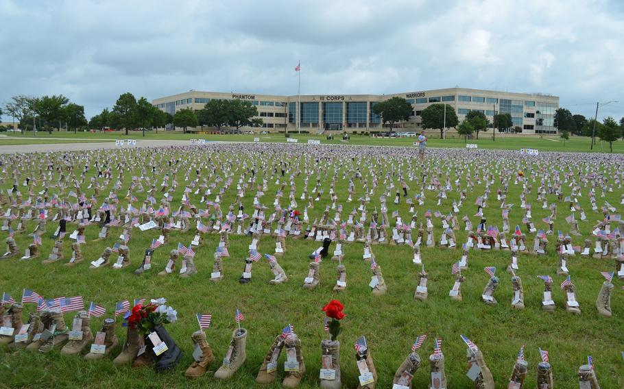 More than 7,000 boots are on display at Sadowski Field at Fort Hood, Texas, to represent the servicemembers of each branch of the military who have died since 9/11. The boots will remain on the field through July 7.