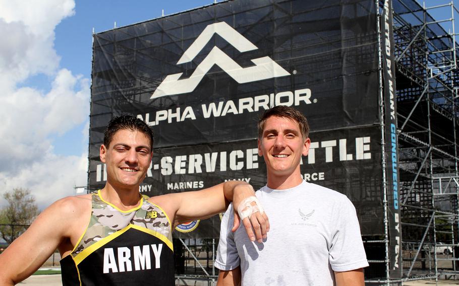 From left, Army Lt. Col. Eric Palicia and Air Force Capt. Noah Palicia, who are brothers, will compete against other members of their service branches Thursday in the Alpha Warrior competition at Retama Park near San Antonio. The competition is the first time the brothers have seen each other in more than two years.