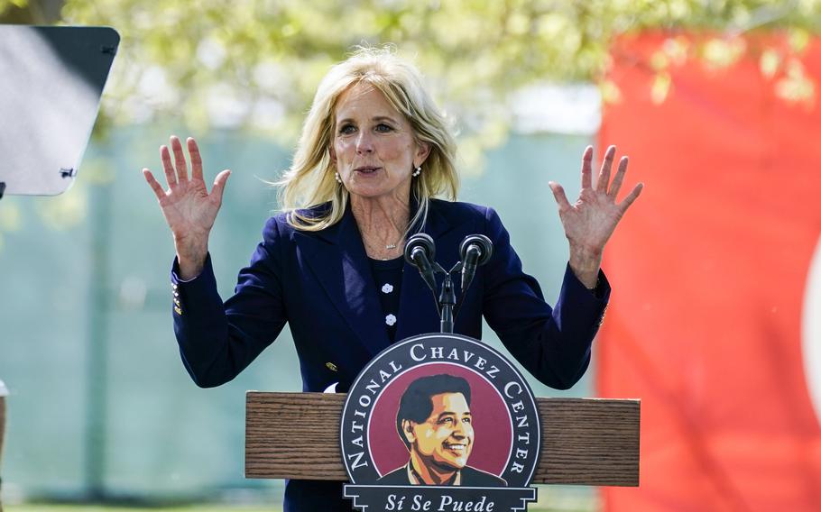 First lady Dr. Jill Biden participates in a Day of Action at The Forty Acres with the Cesar Chavez Foundation, United Farm Workers, and the UFW Foundation on Wednesday, March 31, 2021 in Delano, California. The first lady is scheduled to visit Fort Benning, Georgia, on Oct. 13-14, 2022.