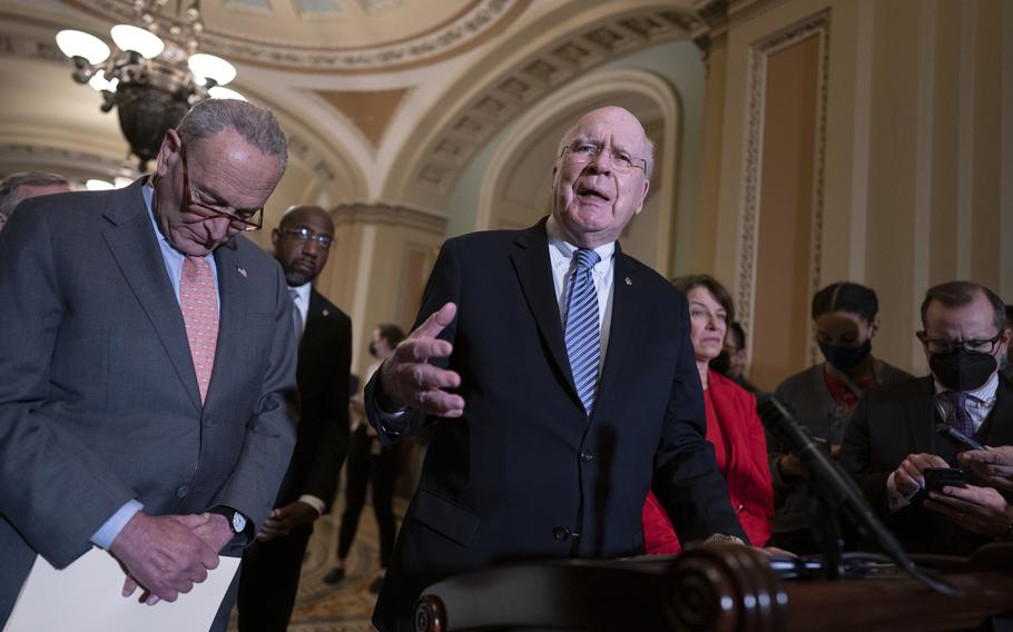 From left, Senate Majority Leader Chuck Schumer, D-N.Y., Sen. Raphael Warnock, D-Ga., Sen. Patrick Leahy, D-Vt., chair of the Senate Appropriations Committee, and Sen. Amy Klobuchar, D-Minn., chair of the Senate Rules Committee, talk about the need for the John Lewis Voting Rights Advancement Act, as they speak to reporters following a Democratic policy meeting at the Capitol in Washington, Nov. 2, 2021. 
