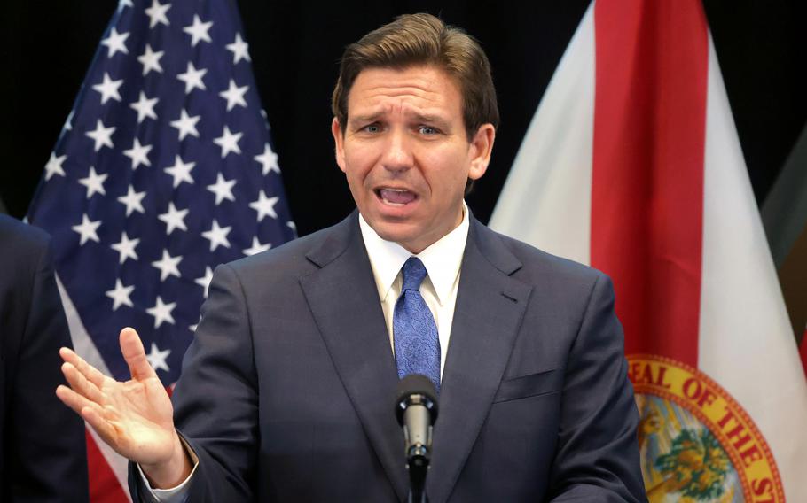 Florida Gov. Ron DeSantis responds to a question during a press conference at the headquarters of the former Reedy Creek Improvement District in Lake Buena Vista, Florida, on April 17, 2023. 