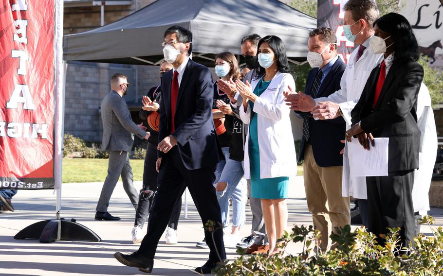 LOS ANGELES, CA - JANUARY 24: State Sen. Richard Pan (D-Sacramento) prepares to deliver a announce a bill that add's COVID-19 vaccines to California's list of required inoculations for attending K-12 schools at Arleta High School on Monday, Jan. 24, 2022 in Los Angeles, CA. This initiative would override Gov. Gavin Newsom's scaled back mandate from last year .