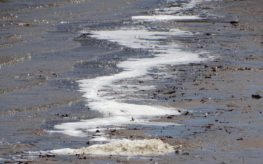 PFAS foam on the shoreline of Van Etten Lake near Wurtsmith Air Force Base on Wednesday, April 24, 2019.