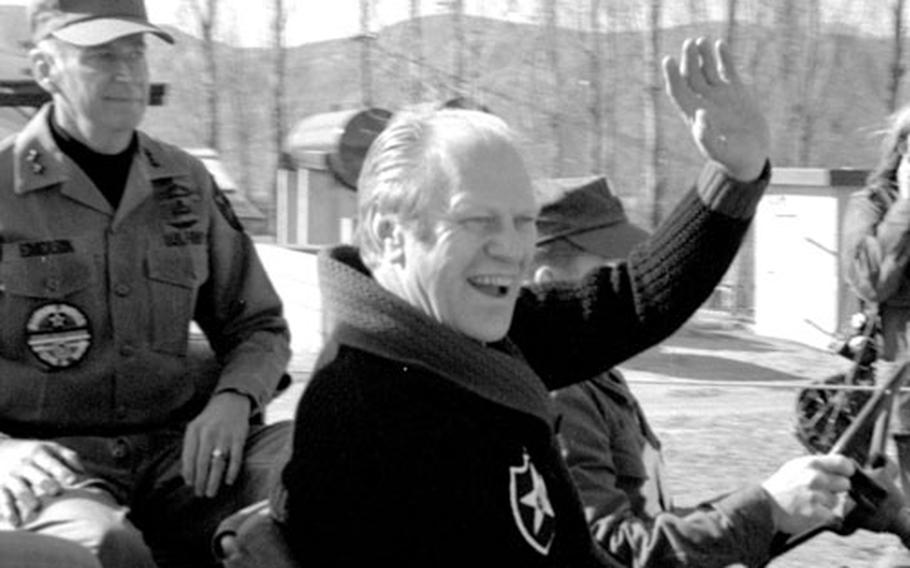 President Gerald R. Ford visits the 2nd Infantry Division at Camp Casey, near the Korean DMZ, in November, 1974.
