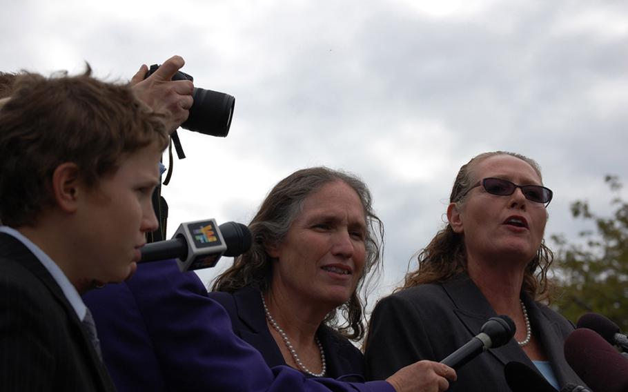 Marjie J. Phelps (right) and Shirley Phelps-Roper, members of the Westboro Baptist Church, address the media follwoing a hearing at the U.S. Supreme Court on Wednesday.