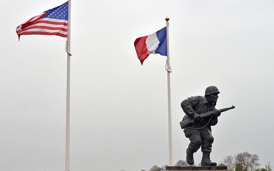 A newer monument on the road between Utah Beach and Sainte-Marie-du-Mont is, as its plaque says, dedicated to those who led the way on D-Day, and depicts Maj. Richard Winters, commander of "Easy" Company — the "Band of Brothers." A marker dedicated to Company E is nearby.