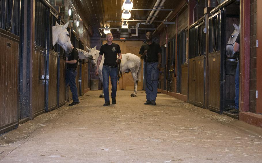 Two Old Guard members walk through the stables at Fort Myer in the early morning hours. 