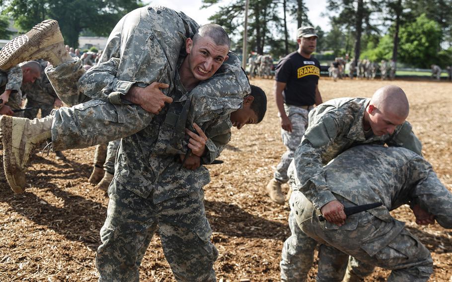 U.S. Army Soldiers conduct combatives training during the Ranger Course on Fort Benning, Ga., on April 20, 2015. 