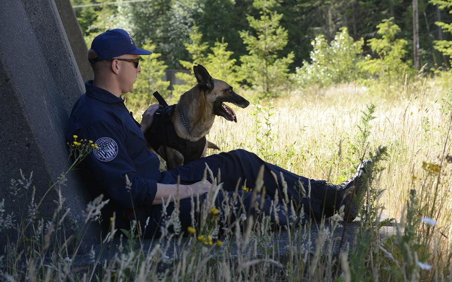 Petty Officer 2nd Class James Grant, maritime enforcement specialist and dog handler assigned to Maritime Safety and Security Team 91101 in Seattle, and his partner Sonya, a Belgian Malinois explosives detection canine, break from the heat while participating in a Raven's Challenge training exercise in Elma, Wash., June 25, 2015. Care has to be taken when using working dogs in hot weather, as various conditions can negatively impact their health and detection abilities.