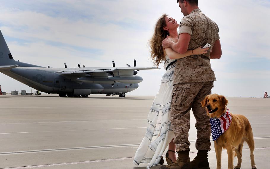 Angelica Dillender, and their dog Bella at Marine Corps Air Station Miramar, San Diego, Calif., March 20, 2014. Dillender was deployed in support of Operation Enduring Freedom.