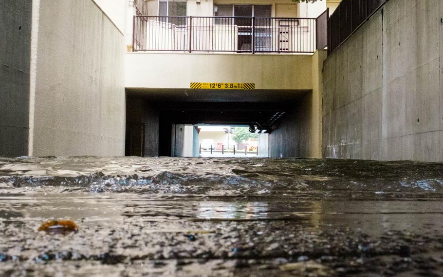 Water climbed as high as 6 feet on some service roads on Yokota Air Base, Japan's east-side housing area Monday, Aug. 22, 2016.