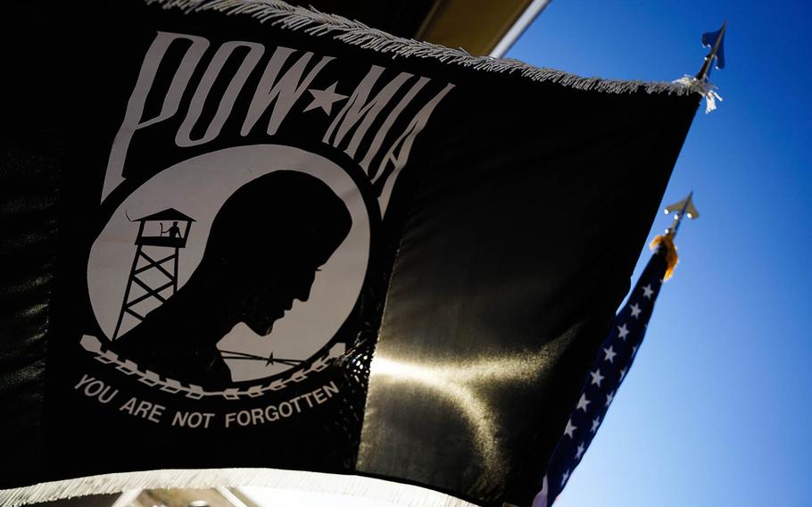 A POW/MIA flag waves during the closing ceremony for the POW/MIA 24-hour run at Schriever Air Force Base, Colo., Friday, Sept. 15, 2017. 