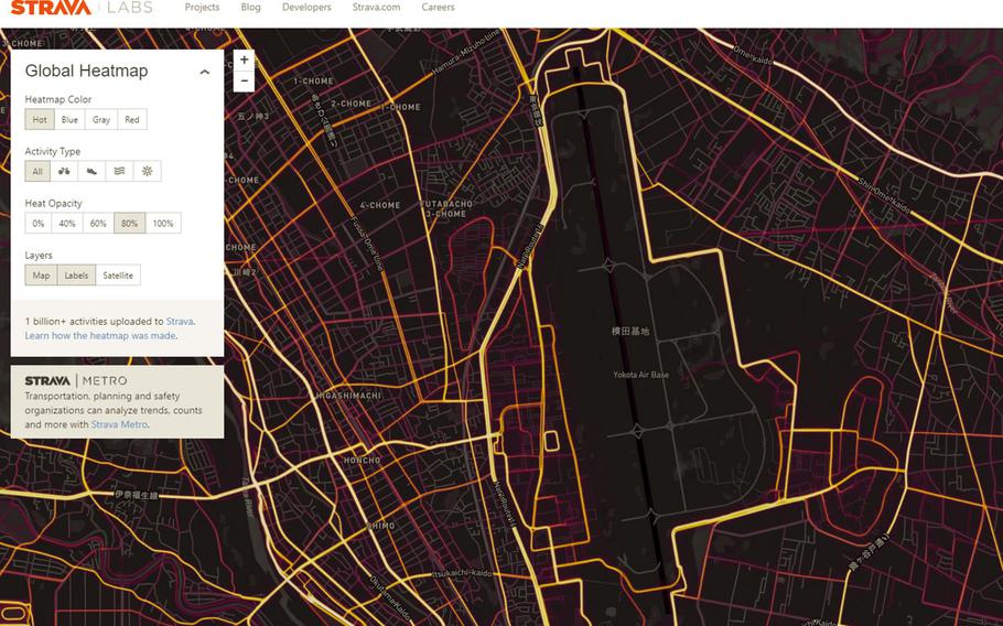 This Strava heatmap shows that plenty of people exercise at Yokota Air Base, home of U.S. Forces Japan in western Tokyo.