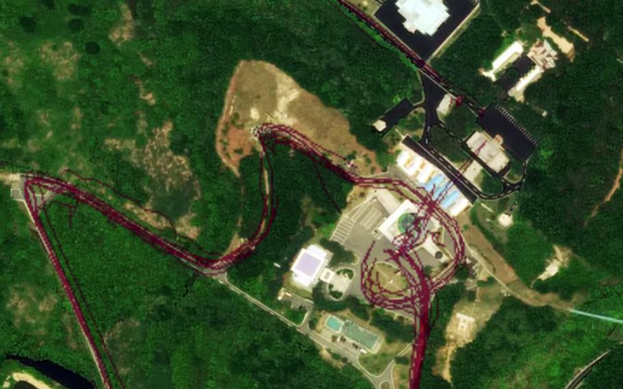 This screenshot of Strava's "Global Heatmap" shows activity at the Joint Security Area of the Korean Demilitarized Zone.