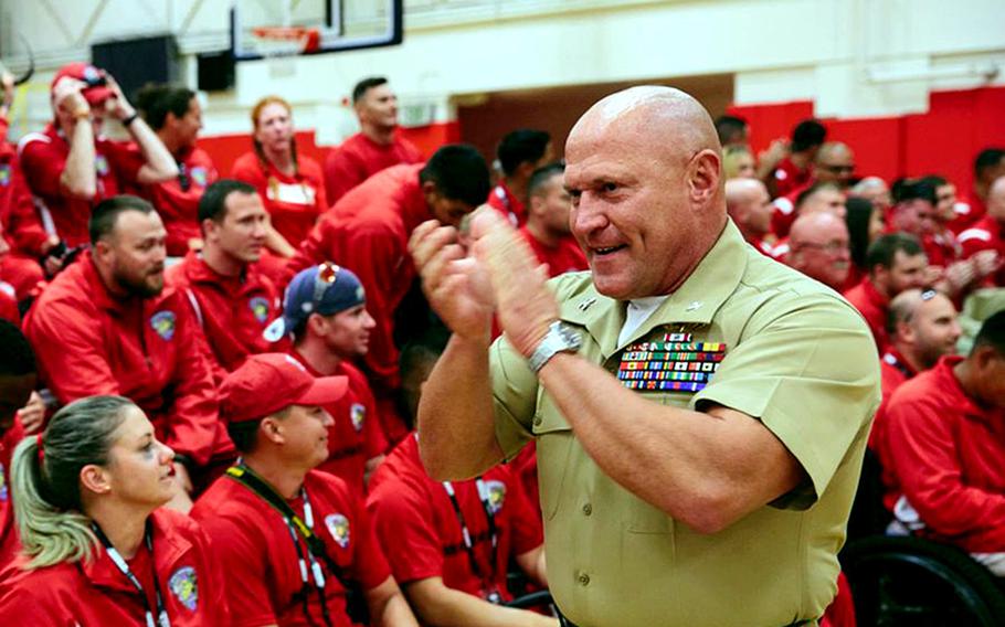 Col. T. Shane Tomko addresses the Warrior Games All-Marine Team in 2014, when he was commanding officer of the Wounded Warrior Regiment. Tomko was sentenced to 18 months in prison Tuesday in the Virginia Beach Circuit Court for abusing children.