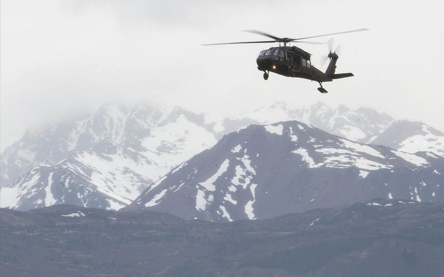 An Alaska Army National Guard Black Hawk helicopter, shown here during airborne training at Joint Base Elmendorf-Richardson, Alaska, May 30, 2018, was the type of aircraft used to save a pilot and two moose hunters after their plane crashed recently in the western part of the state.