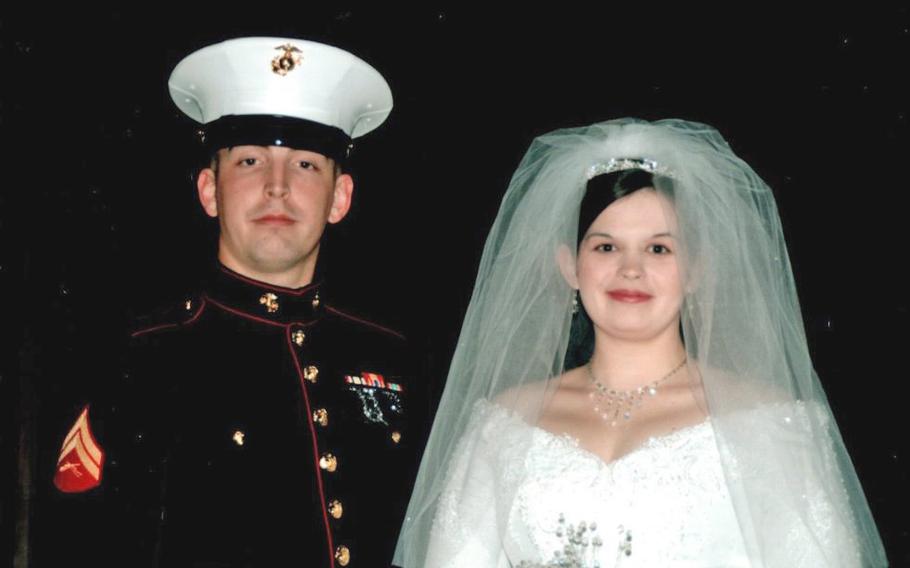 Justin Miller with his older sister, Alissa Harrington, at her wedding Jan. 27, 2007. Following Miller's suicide in February, Harrington is speaking out, trying to spur improvements to veteran suicide prevention.
