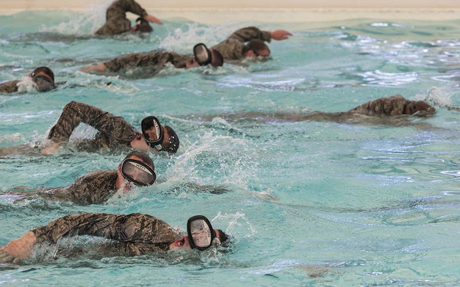 Battlefield Airmen Preparatory Course candidates participate in pool exercises in April at Joint Base San Antonio, Texas.