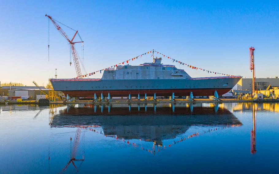 The littoral combat ship USS St. Louis as it appeared at its christening in Marinette, Wisc., on  Dec. 15, 2018.